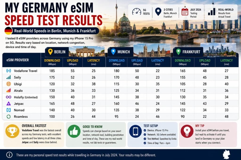Germany eSIM speed test comparing Vodafone Travel, Saily, Ubigi, Airalo, Holafly, Jetpac, Nomad and Roamless in Berlin, Munich and Frankfurt.