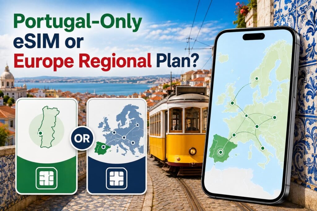 Infographic showing a Portugal-only eSIM compared with a Europe regional plan, using Portugal and Europe maps, Lisbon scenery and a connected smartphone.