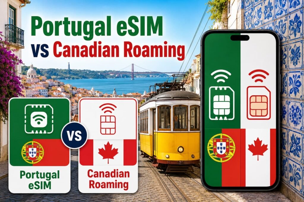 Infographic showing a Portugal travel eSIM compared with Canadian roaming, using Portugal and Canada colours, eSIM icons, a Lisbon tram and a connected smartphone.