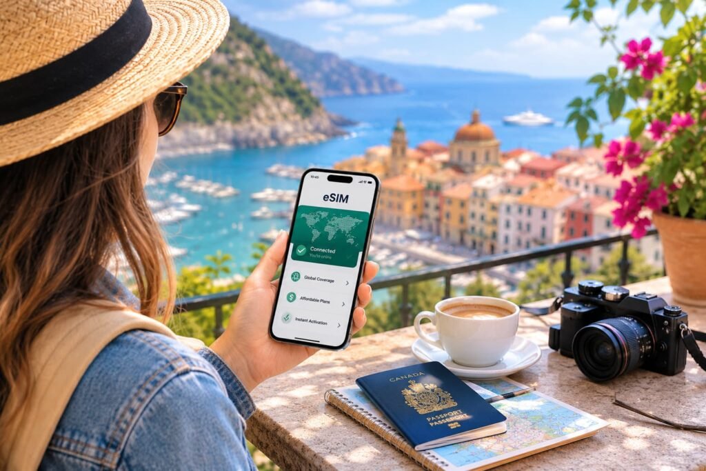 Canadian traveller using a smartphone with an eSIM connection while overlooking a coastal destination with a passport, camera, and travel map nearby.