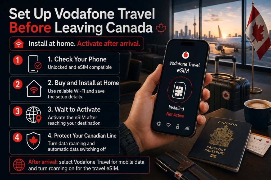 Infographic showing Canadian travellers how to install Vodafone Travel eSIM before departure, protect their Canadian line and activate the travel eSIM after arrival.