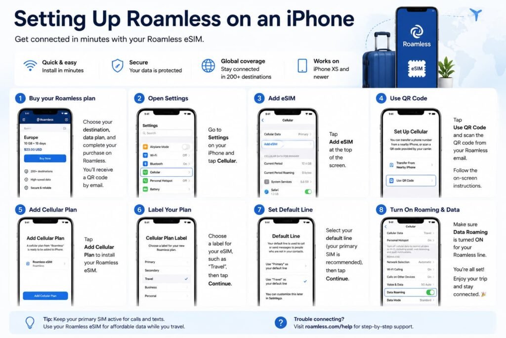 Infographic showing how to set up a Roamless eSIM on an iPhone, including adding the eSIM, labelling the travel line, selecting mobile data, and enabling data roaming.