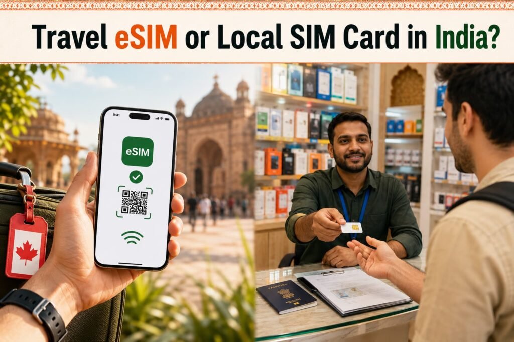Infographic comparing a travel eSIM with a local SIM card in India for Canadian travellers.