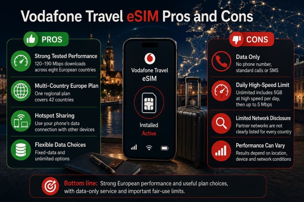 Infographic comparing Vodafone Travel eSIM advantages and limitations, including European performance, hotspot sharing, data-only service and fair-use limits.