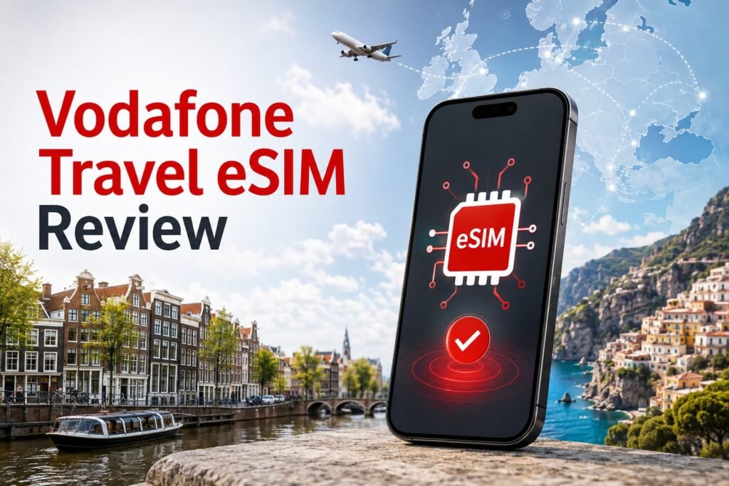 Infographic for a Vodafone Travel eSIM review showing a smartphone, European destinations and multi-country eSIM connectivity.