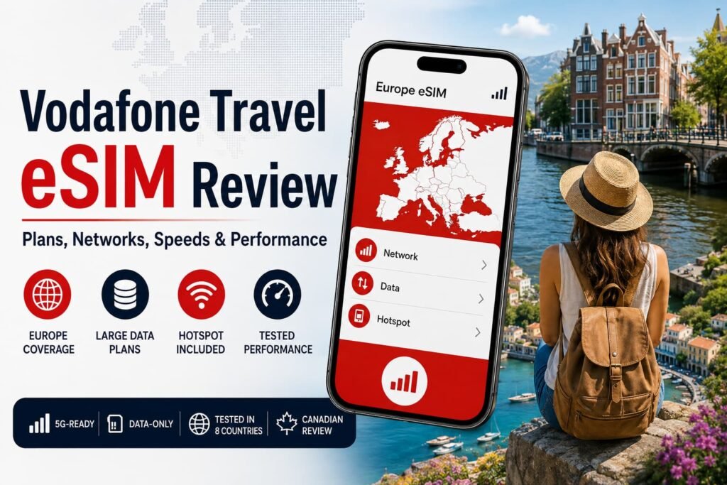 Vodafone Travel eSIM Review image showing a Europe eSIM on a smartphone, European destinations and tested travel features.