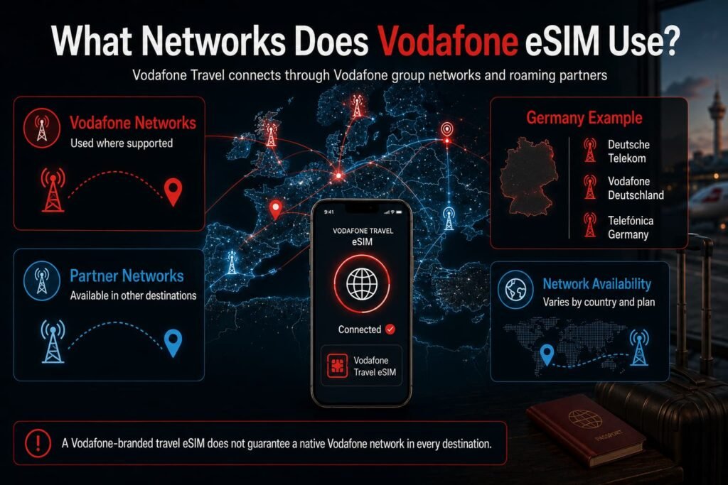 Infographic showing how Vodafone Travel eSIM connects through Vodafone group networks and roaming partners, with three available networks in Germany as an example.