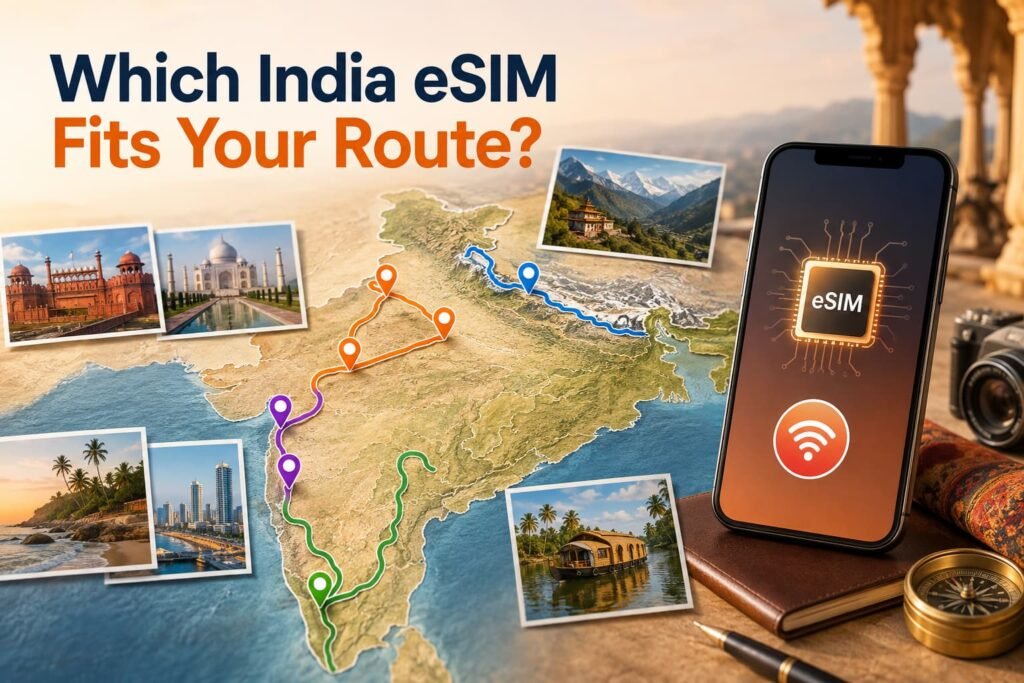 Infographic showing which India eSIM fits different routes through major cities, coastal regions and mountain destinations.