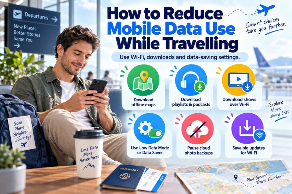 Traveller reducing mobile data use with offline maps, downloaded playlists, Wi-Fi, Low Data Mode, Data Saver and paused cloud backups.