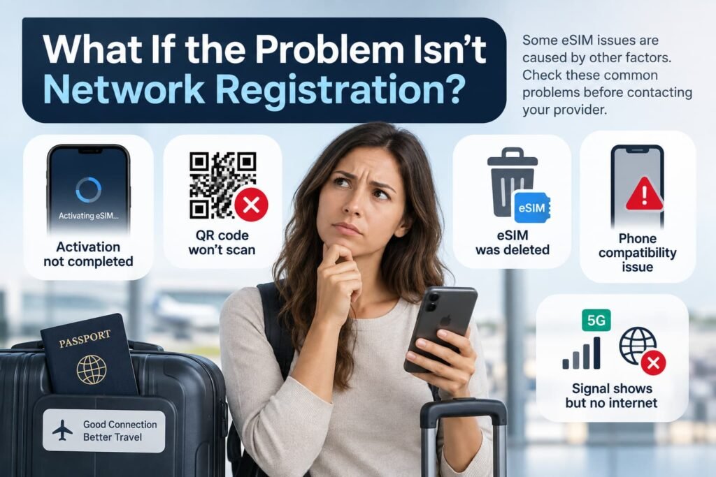Traveller checking eSIM activation, QR code, compatibility and mobile data problems after landing abroad