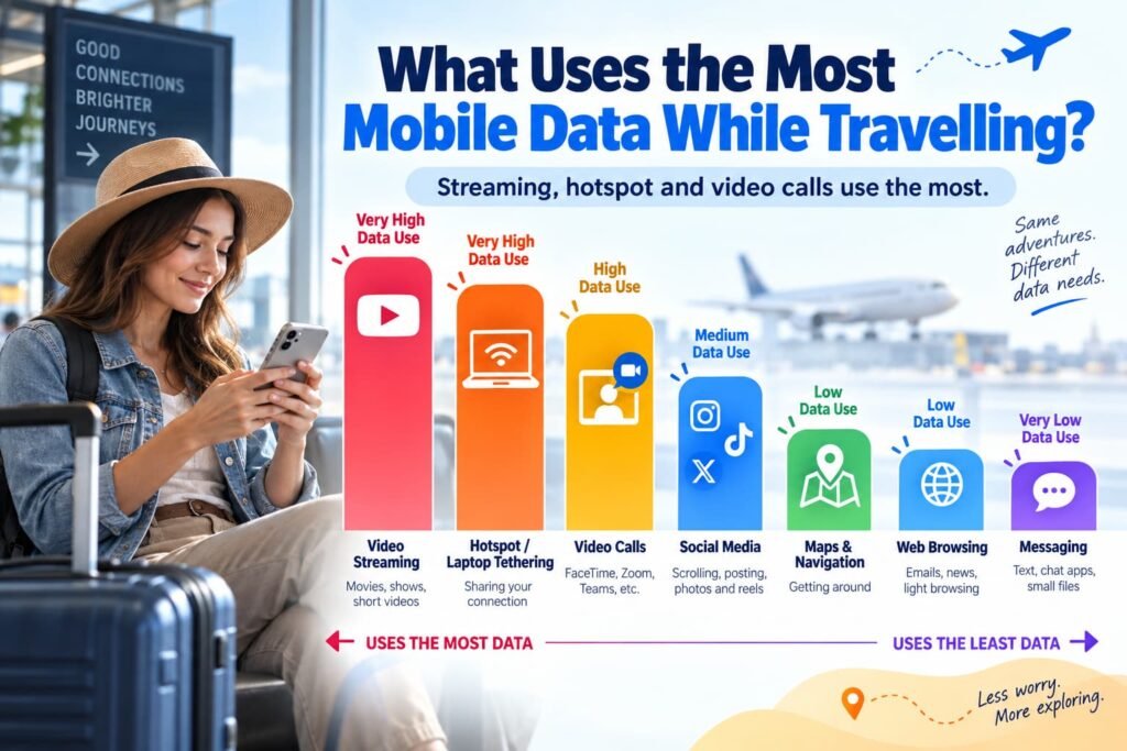 Mobile data usage while travelling compared across video streaming, hotspot tethering, video calls, social media, maps, web browsing and messaging.