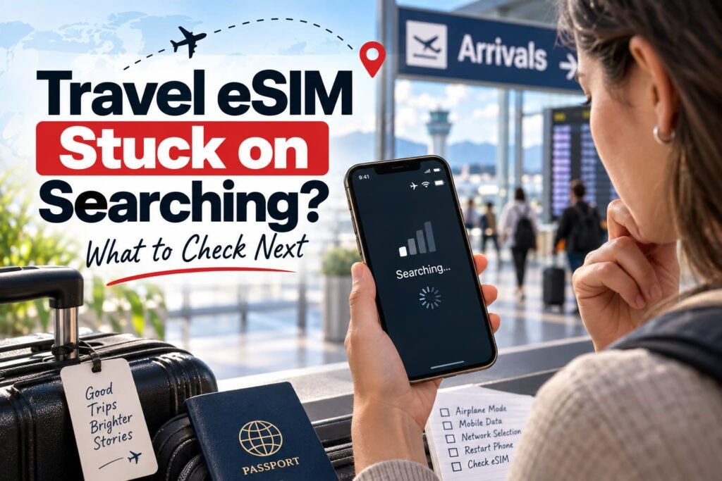 Phone showing Searching on a travel eSIM after landing at an airport terminal